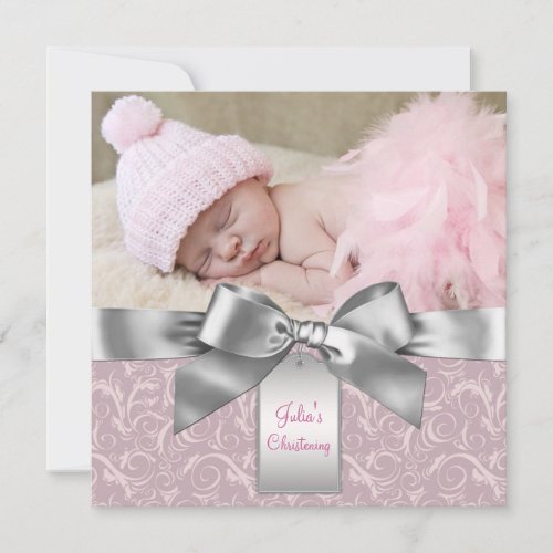 Pink and Gray Baby Girl Photo Christening Custom Announcements