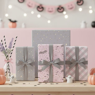Pink and Gray Baby Halloween Bat, Moon & Gingham Wrapping Paper Sheets