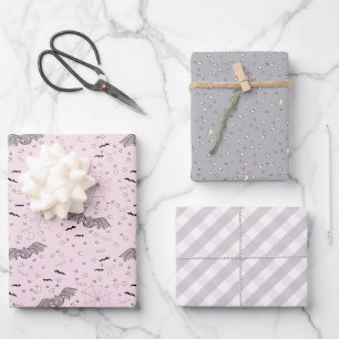 Pink and Gray Baby Halloween Bat, Moon & Gingham Wrapping Paper Sheets