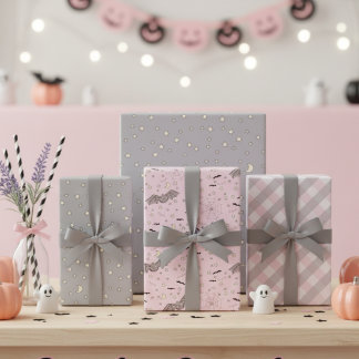Pink and Gray Baby Halloween Bat Wrapping Paper Sheets