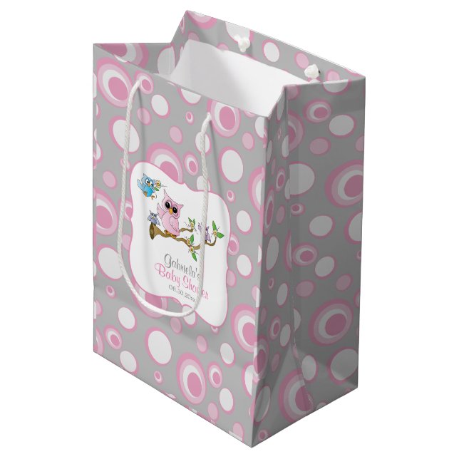 Pink and Gray Baby Owl Baby Shower Medium Gift Bag (Front Angled)
