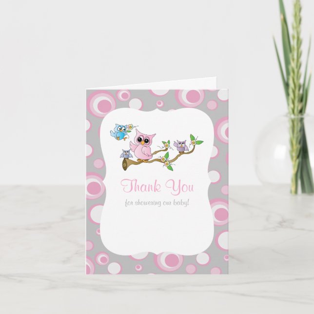 Pink and Gray Baby Owl Baby Shower Thank You Card (Front)