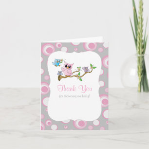 Pink and Gray Baby Owl Baby Shower Thank You Card