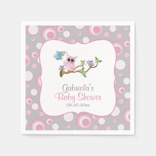 Pink and Gray Baby Owl Baby Shower Theme Paper Napkins