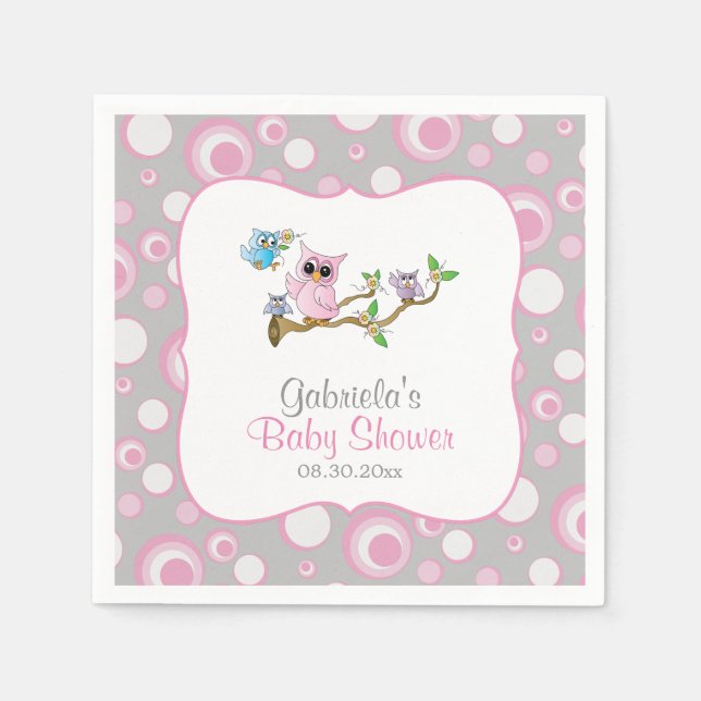 Pink and Gray Baby Owl Baby Shower Theme Paper Napkins (Front)