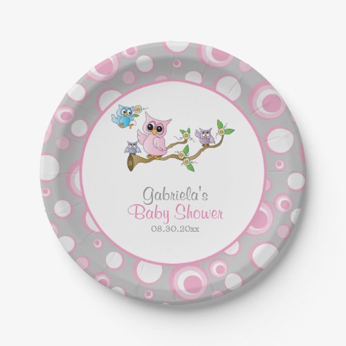 Pink and Gray Baby Owl Baby Shower Theme Paper Plates