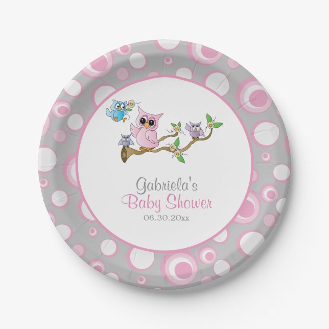 Pink and Gray Baby Owl Baby Shower Theme Paper Plates (Front)
