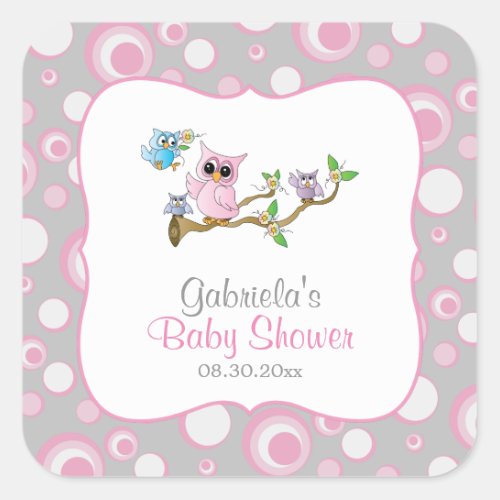 Pink and Gray Baby Owl Baby Shower Theme Square Sticker