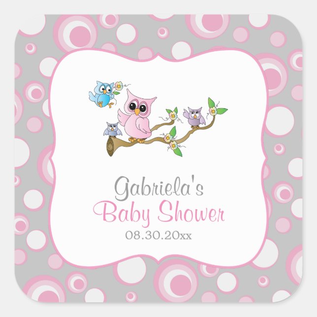 Pink and Gray Baby Owl Baby Shower Theme Square Sticker (Front)