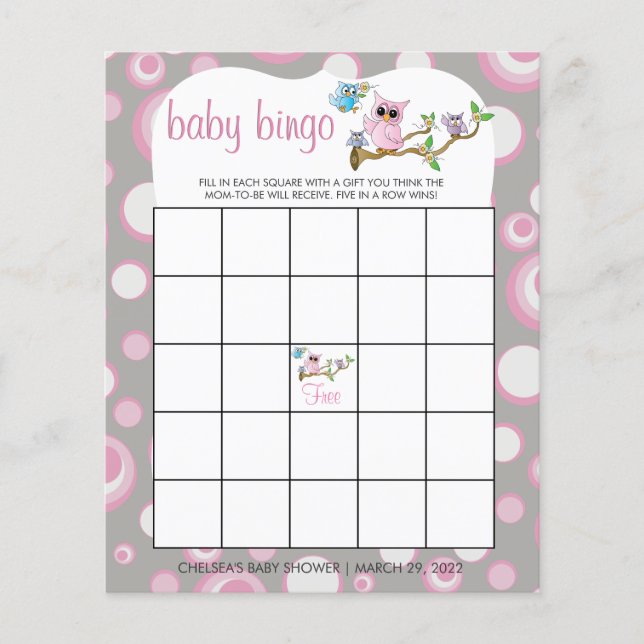 Pink and Gray Baby Owl | Shower Bingo Game Flyer (Front)