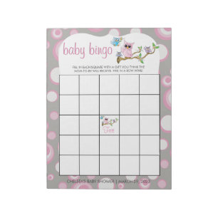 Pink and Gray Baby Owl   Shower Bingo Game Notepad