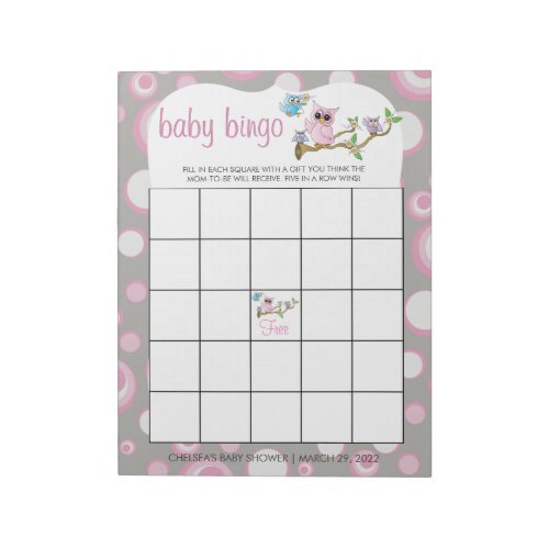 Pink and Gray Baby Owl  Shower Bingo Game Notepad