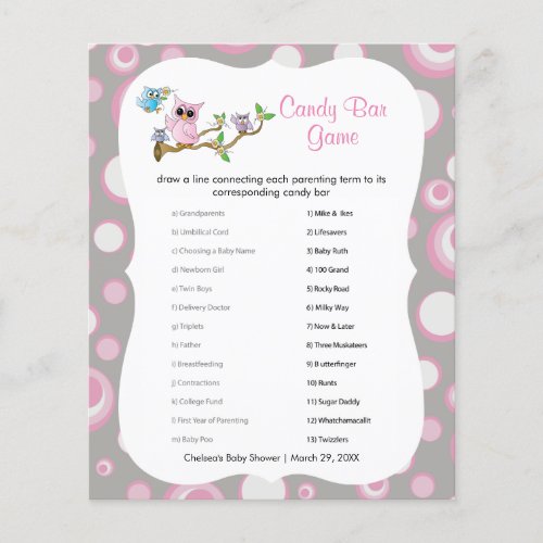 Pink and Gray Baby Owl  Shower Candy Bar Game Flyer
