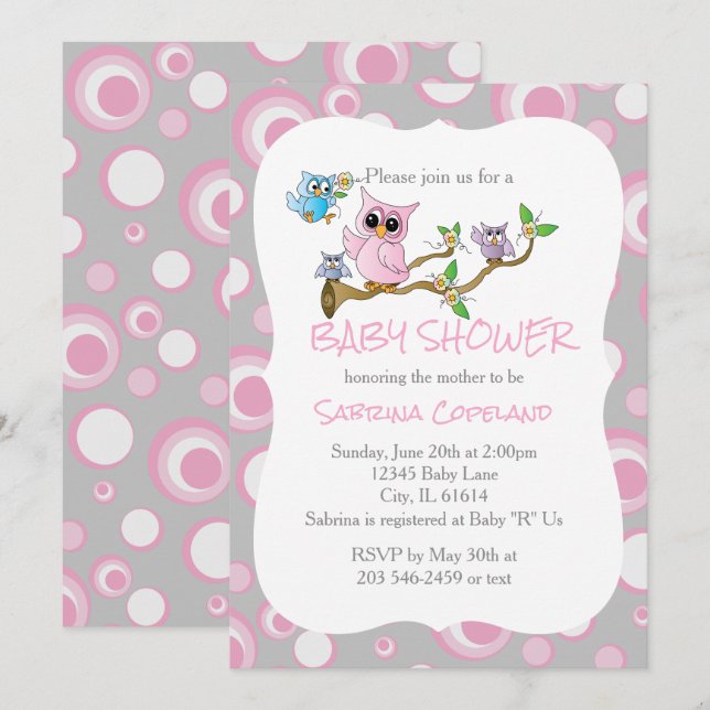 Pink and Gray Baby Owl | Shower Theme Invitation (Front/Back)