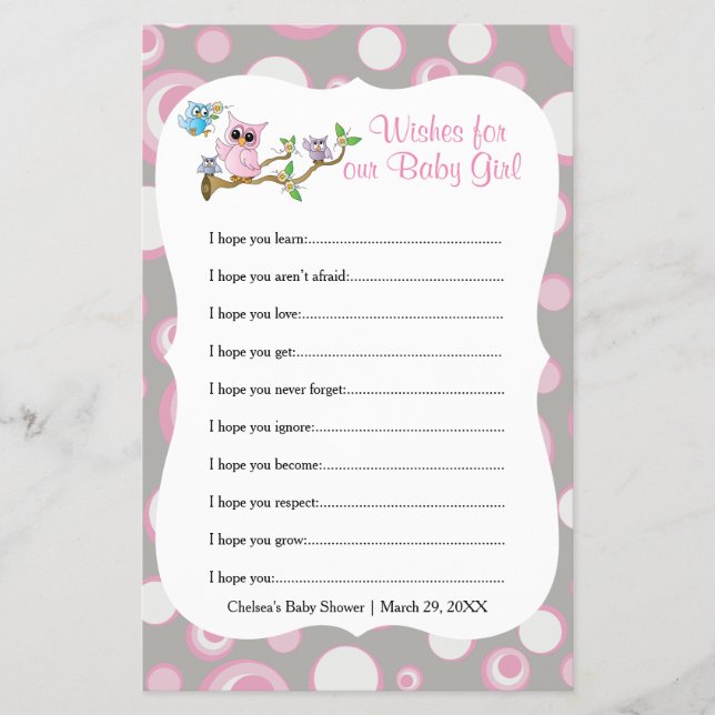 Pink and Gray Baby Owl | Shower Wishes Game Flyer (Front)