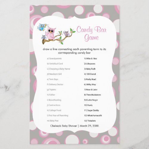Pink and Gray Baby Shower Owl Candy Bar Game Flyer