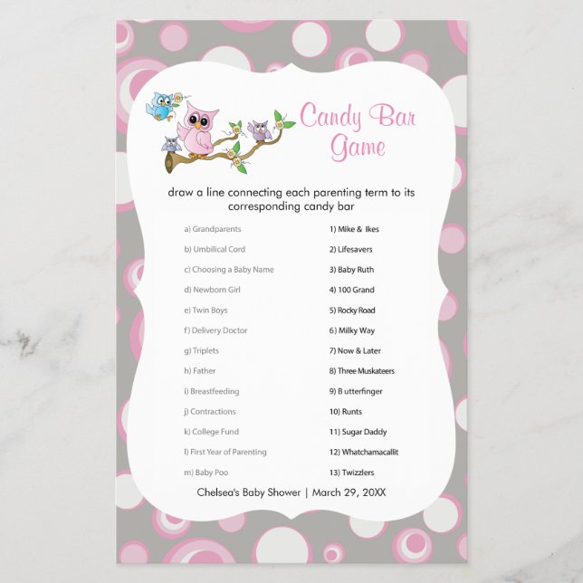 Pink and Gray Baby Shower Owl Candy Bar Game Flyer (Front)