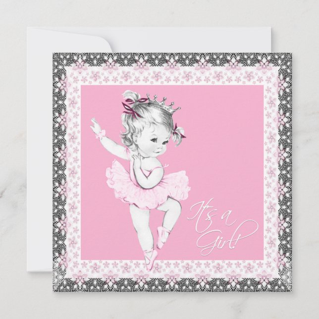 Pink and Gray Ballerina Baby Girl Shower Invitation (Front)