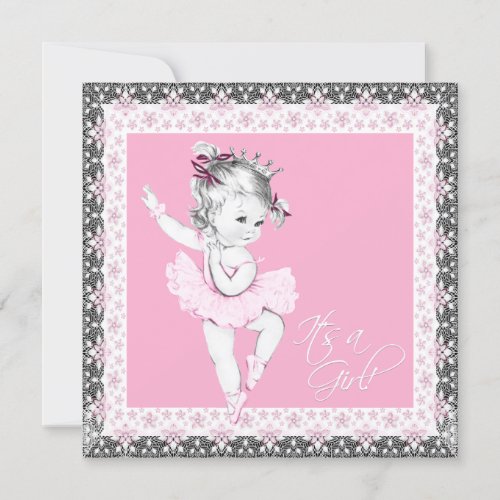 Pink and Gray Ballerina Baby Girl Shower Invitation