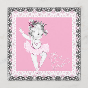 Pink and Gray Ballerina Baby Girl Shower Invitation