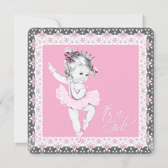 Pink and Gray Ballerina Baby Girl Shower Invitation (Front)