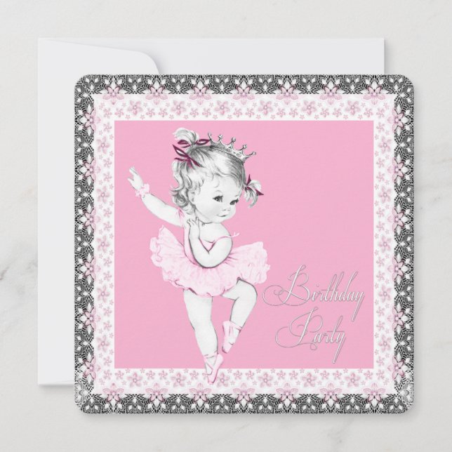 Pink and Gray Ballerina Birthday Party Invitations (Front)