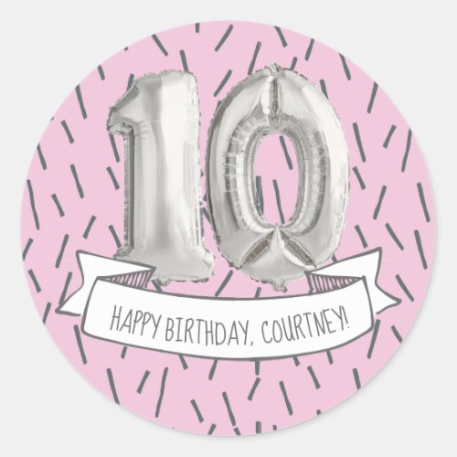 Pink and Gray Balloon Girls 10th Birthday Party Classic Round Sticker