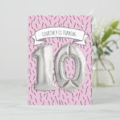Pink and Gray Balloon Girls 10th Birthday Party Invitation (Standing Front)