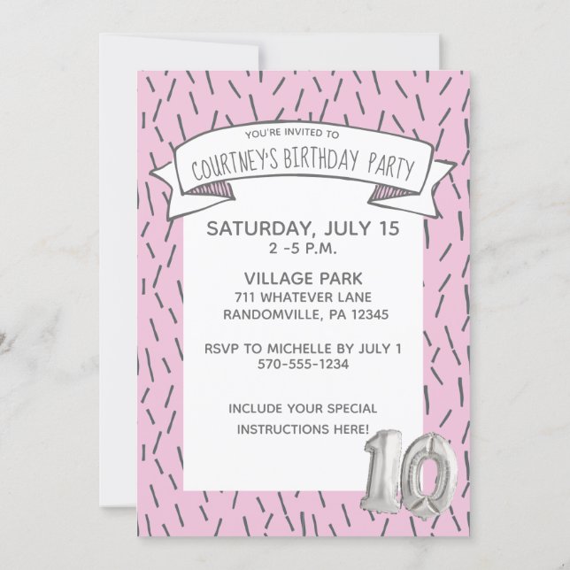 Pink and Gray Balloon Girls 10th Birthday Party Invitation (Back)
