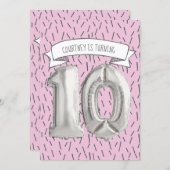 Pink and Gray Balloon Girls 10th Birthday Party Invitation (Front/Back)