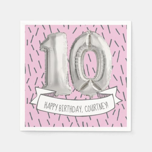 Pink and Gray Balloon Girls 10th Birthday Party Napkins