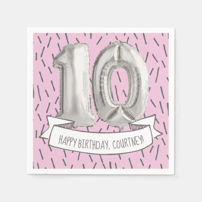Pink and Gray Balloon Girls 10th Birthday Party Napkins (Front)