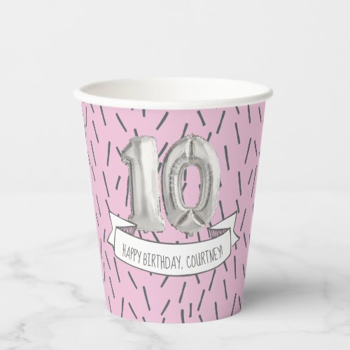 Pink and Gray Balloon Girls 10th Birthday Party Pa Paper Cups