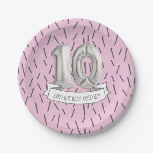 Pink and Gray Balloon Girls 10th Birthday Party Paper Plates