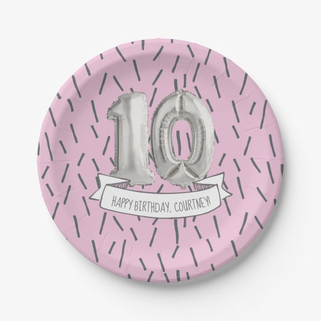 Pink and Gray Balloon Girls 10th Birthday Party Paper Plates (Front)