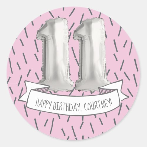 Pink and Gray Balloon Girls 11th Birthday Party Classic Round Sticker