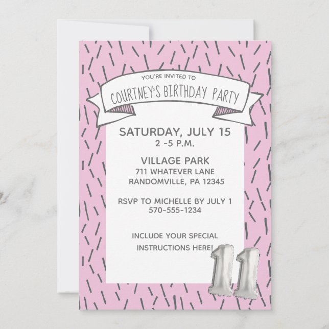 Pink and Gray Balloon Girls 11th Birthday Party Invitation (Back)