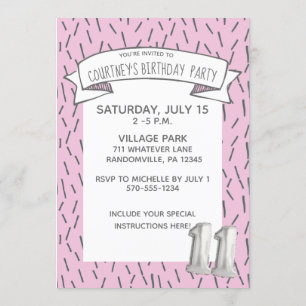 Pink and Gray Balloon Girls 11th Birthday Party Invitation