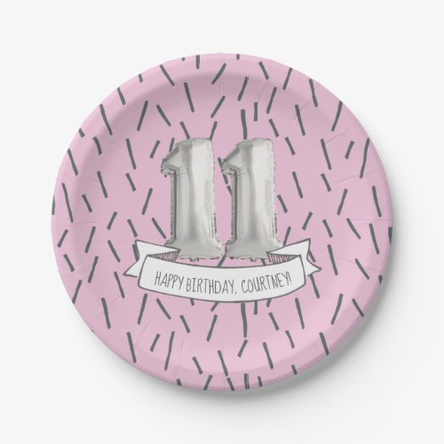 Pink and Gray Balloon Girls 11th Birthday Party Paper Plates