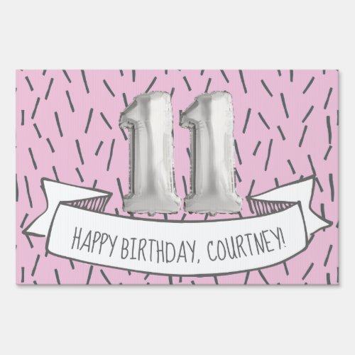 Pink and Gray Balloon Girls 11th Birthday Party Sign