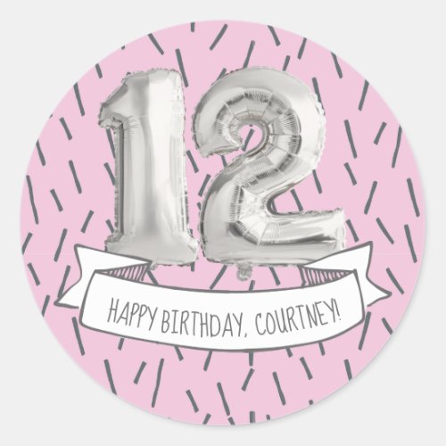 Pink and Gray Balloon Girls 12th Birthday Party Classic Round Sticker