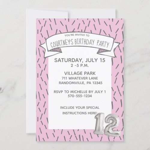 Pink and Gray Balloon Girls 12th Birthday Party Invitation