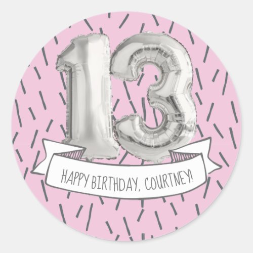 Pink and Gray Balloon Girls 13th Birthday Party Classic Round Sticker