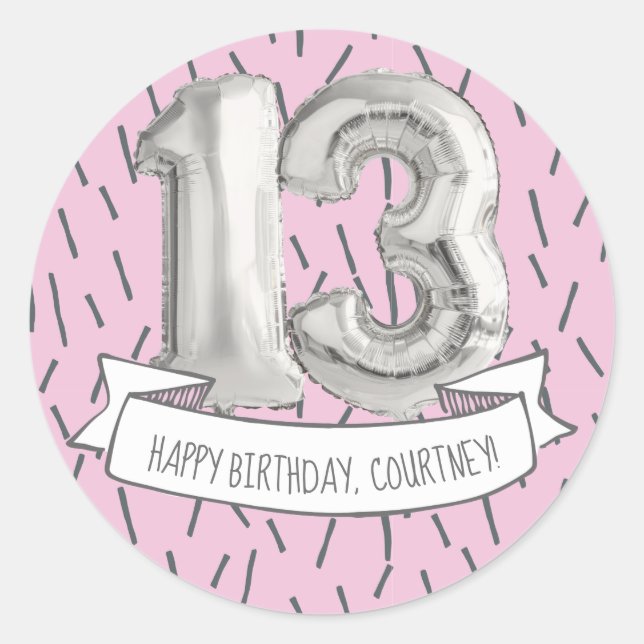 Pink and Gray Balloon Girls 13th Birthday Party Classic Round Sticker (Front)