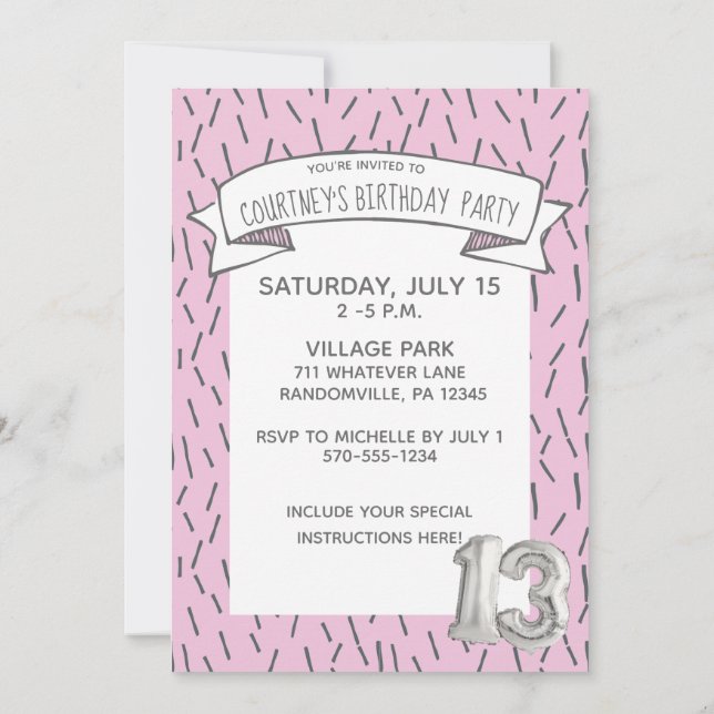 Pink and Gray Balloon Girls 13th Birthday Party Invitation (Back)