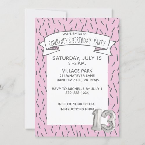 Pink and Gray Balloon Girls 13th Birthday Party Invitation