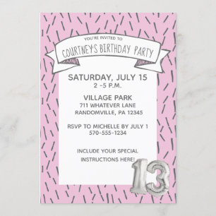 Pink and Gray Balloon Girls 13th Birthday Party Invitation