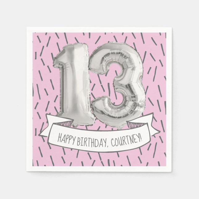 Pink and Gray Balloon Girls 13th Birthday Party Napkins (Front)