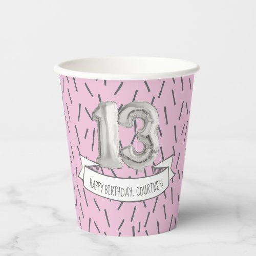 Pink and Gray Balloon Girls 13th Birthday Party Pa Paper Cups