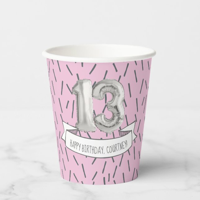 Pink and Gray Balloon Girls 13th Birthday Party Pa Paper Cups (Front)